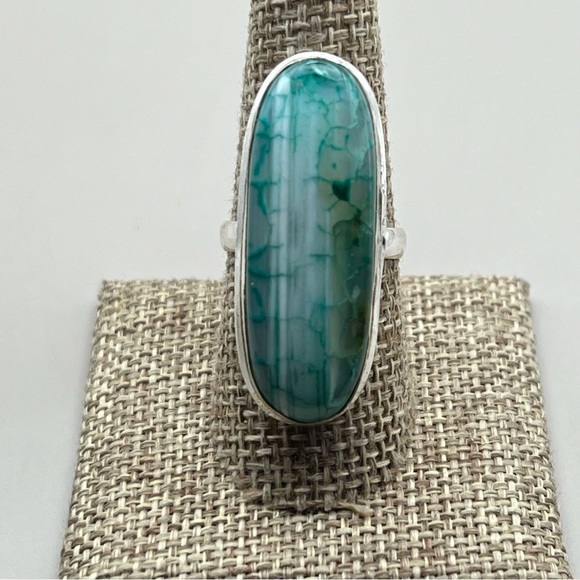 New Green Enhanced Botswana Dragon Vein Agate Stone Silver Overlay Ring Size 8.5 - Picture 3 of 10